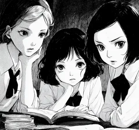 51漫画阅读场景：读者在书架前翻阅漫画
